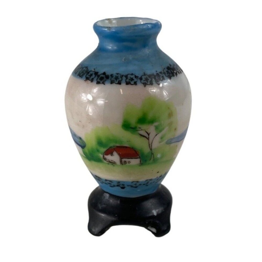 Vintage Occupied Japan Miniature Footed Porcelain Bud Vase Urn Country Scene - Picture 3 of 11